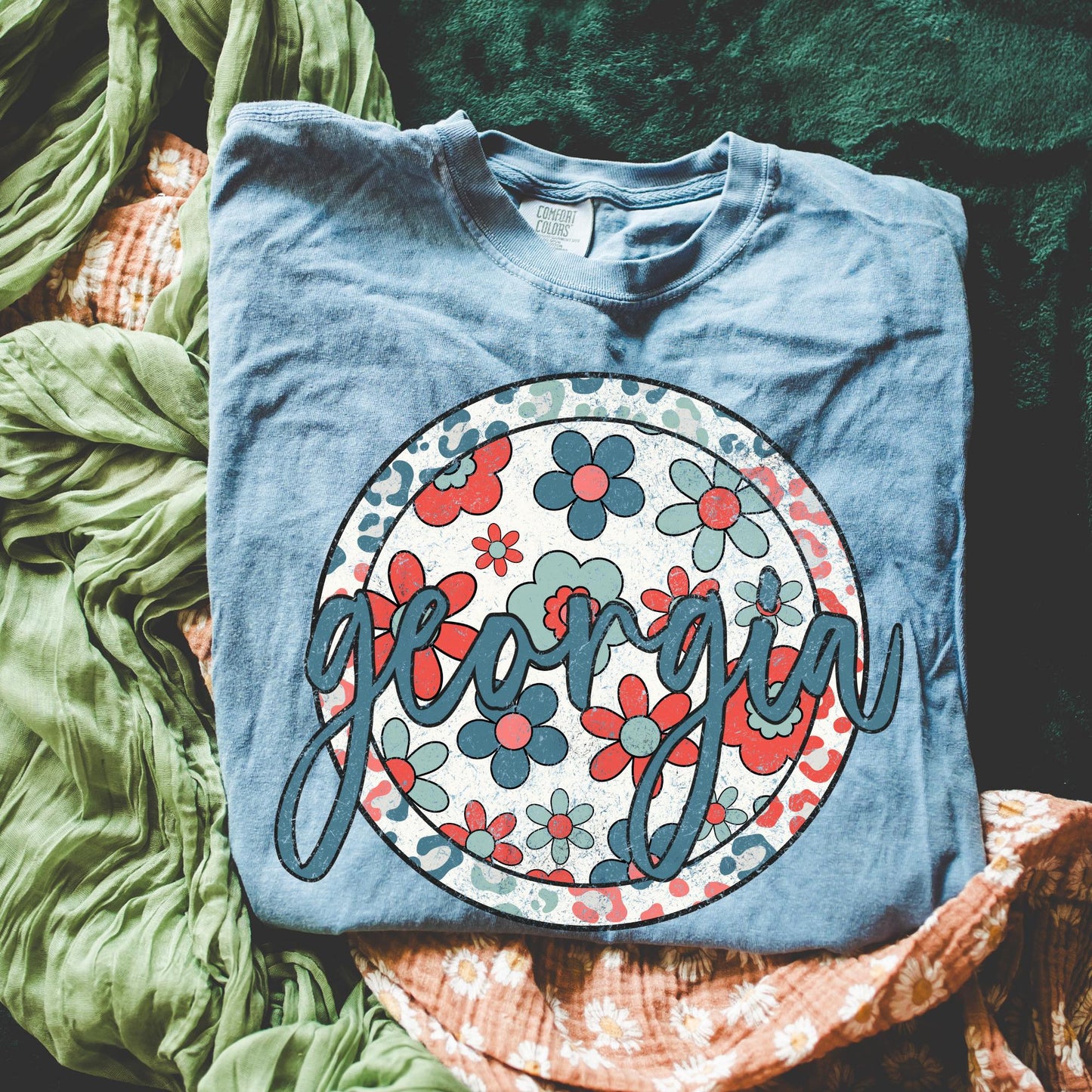 Retro Floral State Tee - Blue Jean