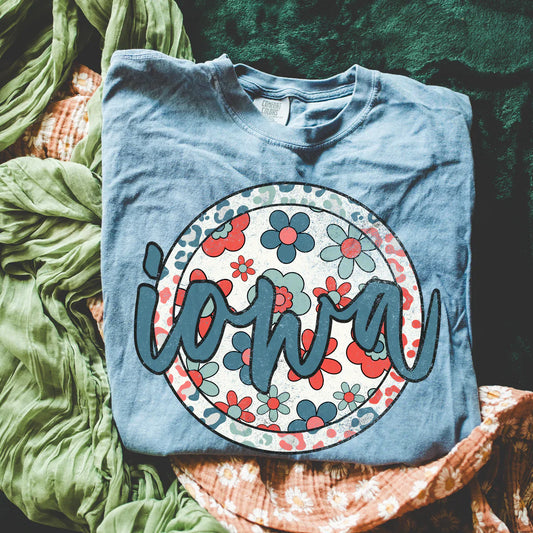 Retro Floral State Tee - Blue Jean