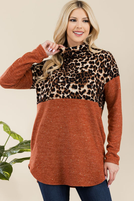 Celeste Full Size Curved Hem Leopard Turtleneck Long Sleeve Blouse