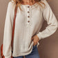 Waffle-Knit Half Button Round Neck Long Sleeve Top