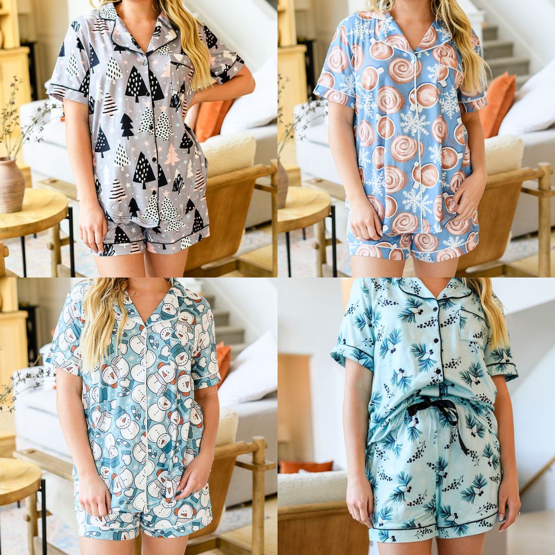 PREORDER: Button Front Pajama Shorts Set In Four Prints